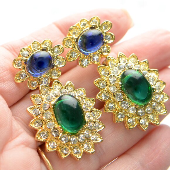 Vintage Kenneth Jay Lane KJL Gold-tone Gemstone & Crystal Drop Earrings - Picture 4 of 8